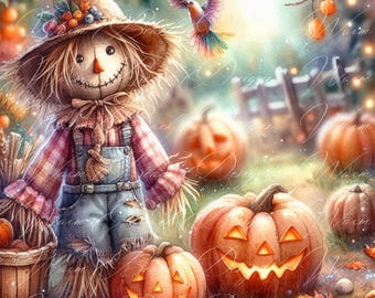 Watercolor Scarecrow Clip Art: Fall Harvest PNG, JPG (Digital Download)