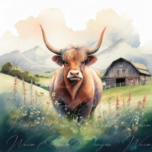 Highland Kuh PNG: Aquarell Kranz Schild, Herbst Design (Digitaler Download)