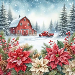 Clipart vintage di un fienile di Natale: scena invernale PNG JPEG (download digitale)