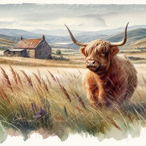 Highland Kuh Aquarell PNG - Herbstkranz Design (Digitaler Download)