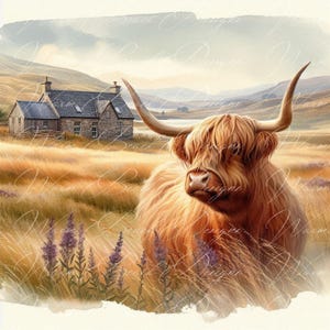 Highland Kuh PNG: Aquarell Kranz Schild, Herbst Design (Digitaler Download)