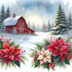 Clipart di un fienile invernale: Natale vintage PNG JPEG (download digitale)