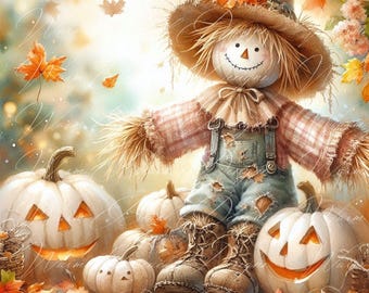 Watercolor Scarecrow Clip Art: Fall Harvest PNG, JPG (Digital Download)