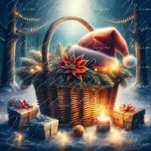 Zestaw Vintage Christmas Basket (10) PNG JPEG Natychmiastowe pobieranie Zimowe Clipart Boże Narodzenie Obrazy Metal Print Junk Journal Poinsettia