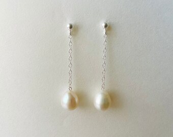 Sterling Silver pearl drop earrings.  Minimalist jewelry.  Dainty earrings.  Bridal Jewelry.