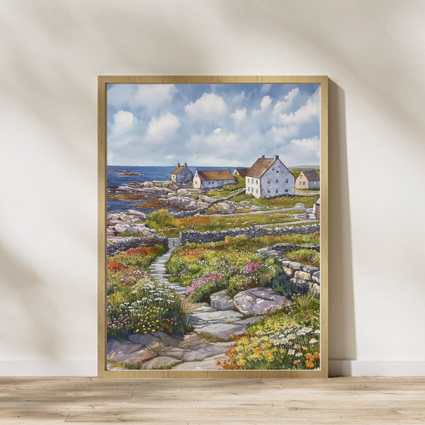 Aran Islands, Irish Cottage, countryside painting,  cottagecore, flower garden, nature prints landscape, Digital wall art,