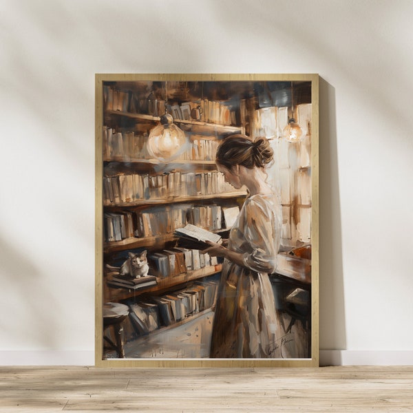 Signora e il suo gatto che leggono, scena di biblioteca lunatica, campagna con ritratto di donna, decorazione murale lunatica, arte vintage/STAMPA DIGITALE