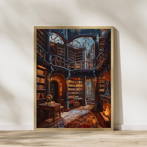 Op de afbeelding: Een schilderij van een grote bibliotheek met hoge boekenkasten vol boeken. De bibliotheek heeft een balkon en een open haard. De kamer wordt verlicht door een lamp en een vuur.