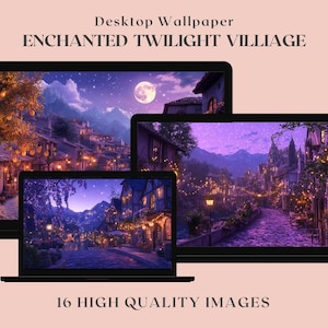 May include: A collection of 16 high-quality desktop wallpapers featuring a whimsical, enchanted village at twilight. The village is illuminated with twinkling lights and surrounded by lush greenery. The sky is a vibrant purple with a full moon shining brightly.