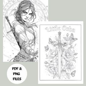 K&ouml;nnte beinhalten: Schwarz-Wei&szlig;-Illustration einer Frau mit Schwert und einer detaillierten Darstellung eines Schwertes, umgeben von Blumen und Schmetterlingen. Der Text "Little Osha" ist sichtbar.