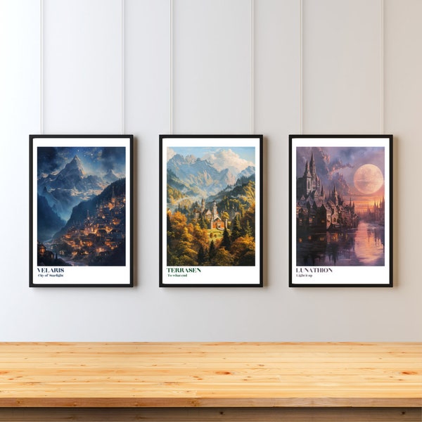 Sarah J Maas cities print set, ACOTAR print art, night court, Throne of glass, Crescent city, Fantasy Wall decor, DIGITAL PRINT