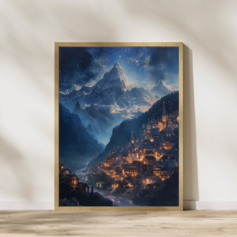 May include: A digital painting of a small village nestled in a mountain valley under a starry night sky. The village is lit up with warm, golden lights, and the mountains are covered in snow. The sky is a deep blue, and the stars are twinkling brightly.