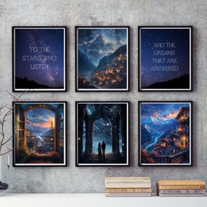 May include: Six framed prints with a starry night sky background and text. The prints feature quotes about dreams and stars. The prints are arranged in a grid pattern on a gray wall.