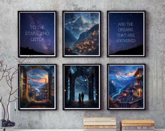 May include: Six framed prints with a starry night sky background and text. The prints feature quotes about dreams and stars. The prints are arranged in a grid pattern on a gray wall.