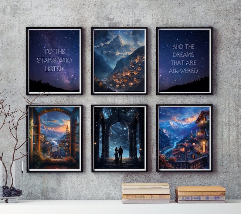 May include: Six framed prints with a starry night sky background and text. The prints feature quotes about dreams and stars. The prints are arranged in a grid pattern on a gray wall.
