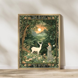 May include: A framed art print showing a forest scene with a white deer and a woman in a long dress. The background features a sunset, mountains, and trees. The artwork is enclosed within a decorative border, creating a tranquil atmosphere.