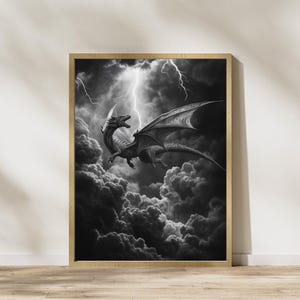 Czwarte skrzydło, wydruk, czarno-biała sztuka ścienna, Tairn w błyskawicy, żelazny płomień, sztuka fantasy, smoki, DRUK CYFROWY