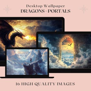 Dragon and whimsical portals desktop wall paper, TV Frame art, DIGITAL PRINT