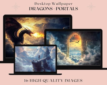 Dragon and whimsical portals desktop wall paper, TV Frame art, DIGITAL PRINT