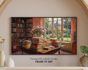 May include: A painting of a room with a large window, a bookshelf filled with books, and a table with stacks of books. The room is decorated with flowers and has a warm, inviting atmosphere. The painting is titled "Twisted Bookish Souls" and is a FRAME TV ART piece.