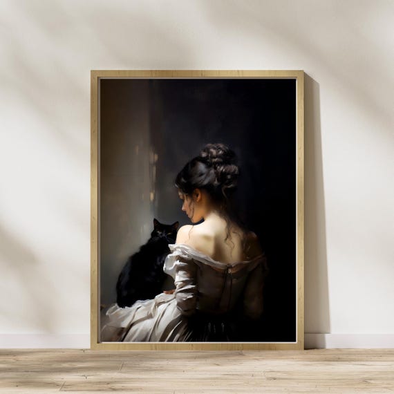 Lady and her black cat  | woman portrait | countryside | moody wall decor | witchy | cottage core | vintage art| DIGITAL PRINT
