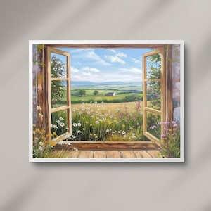 May include: A painting of a window looking out onto a field of wildflowers. The window is open and the view is of a green field with a small house in the distance. The sky is blue with white clouds.