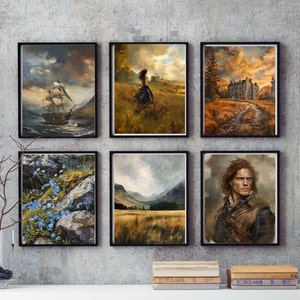 Può includere: Un set di sei stampe incorniciate che mostrano vari paesaggi e scene. Le stampe sono in cornici nere e presentano una varietà di colori e stili.