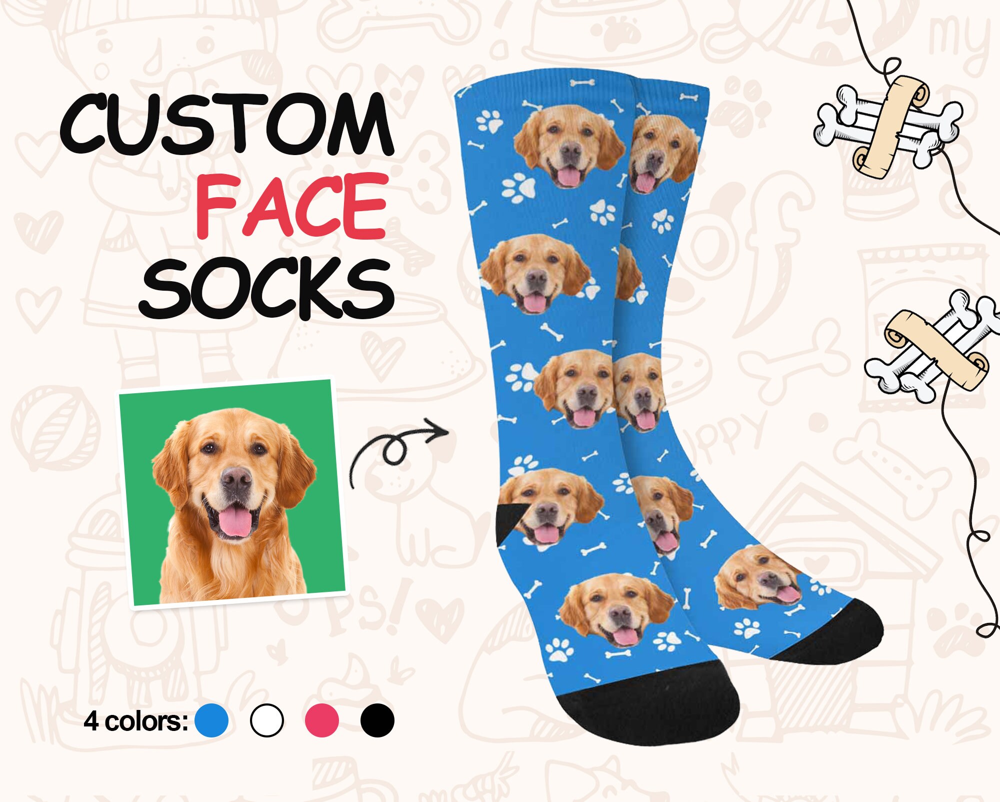 Custom Dog Face on Unisex Crew Socks Print Legwarmers Etsy