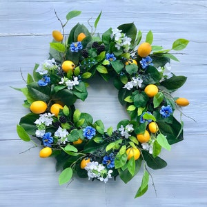 Summer Lemon Wreath with Blackberry & Blue Berry, Citrus Wreath w/ White Hydrangea for Front Door, Lemon Kitchen Decor, Lemon Floral Wreath