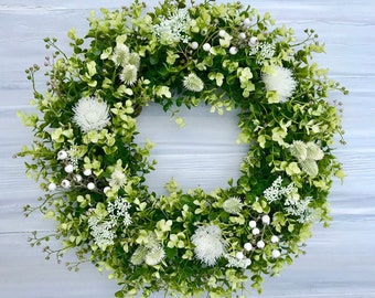 Year Round Greenery Wreath for Front Door, Eucalyptus Wreath w/ White Thistle & White Berry, Spring Summer Wreath, Modern Farmhouse, Cottage