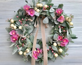 Lamb's Ear and Pink Berry Spring/ Summer Wreath, Greenery and Berry Wreath for Front Door, Easter Wreath, Farmhouse Decor, Mother's Day Gift