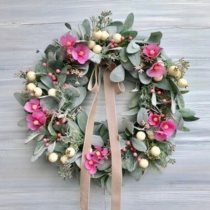 Lamb's Ear and Pink Berry Spring/ Summer Wreath, Greenery and Berry Wreath for Front Door, Easter Wreath, Farmhouse Decor, Mother's Day Gift