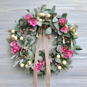Lamb&#39;s Ear and Pink Berry Spring/ Summer Wreath, Greenery and Berry Wreath for Front Door, Easter Wreath, Farmhouse Decor, Mother&#39;s Day Gift