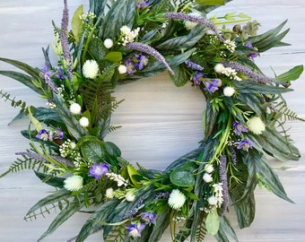 Eucalyptus and Wildflower Summer Wreath for Front Door, Spring Purple Flower Wreath, Farmhouse Wall Decor, Lavender and White Floral Wreath