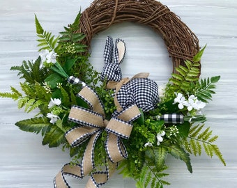 Gingham Bunny with Carrots Easter Wreath, Farmhouse Spring Greenery Wreath for Front Door, Black White Buffalo Check Plaid Bow,Easter Rabbit