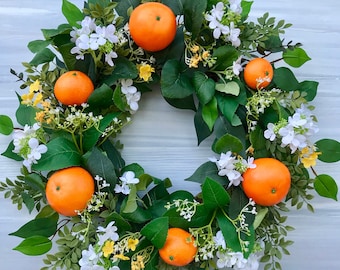 Orange Wreath with White Flower, Summer Citrus Wreath for Front Door, White Hydrangea Wreath with Oranges, Kitchen Wall Decor, Year Round
