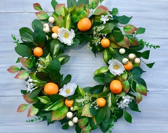 Orange Wreath with White Flower and Berry, Summer Wreath with Oranges for Front Door, Citrus Wreath, Kitchen Wall Decor, Fall Fruit Wreath