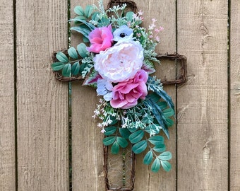 Floral Cross Door Hanger for Easter, Spring Door Decor, Grapevine Cross Wall Hanger, Pink Easter Wall Decor, Rustic Farmhouse Decor, Cottage