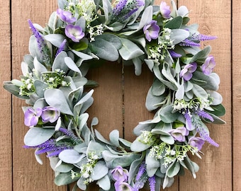 Spring Lamb's Ear Wreath for Front Door, Lavender Baby's Breath Wreath, Farmhouse Greenery Wreath, Mother's Day Gift, Easter, Cottage Core