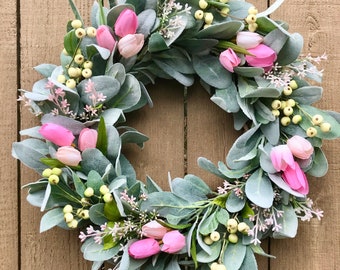 Lamb's Ear Wreath with Blush Pink Tulip and Berry, Spring Summer Wreath for Front Door, Easter Wreath, Mother's Day gift, Farmhouse wreath,