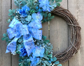 Spring Blue Hydrangea Wreath with White Berry and White/ Blue Bow, Easter Wreath with Bunny Bow for Front Door, Spring Front Porch Decor