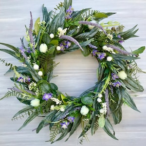 Eucalyptus and Wildflower Summer Wreath for Front Door, Spring Purple Flower Wreath, Farmhouse Wall Decor, Lavender and White Floral Wreath