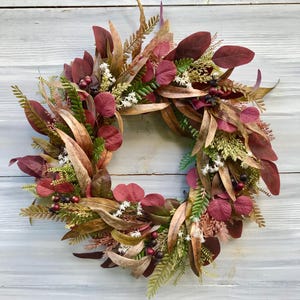 Fall Burgundy and Mauve Eucalyptus & Fern Wreath w/ Berry, Autumn Foliage Wreath for Front Door, Entryway Wreath, Autumn Housewarming Gift
