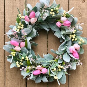 Lamb's Ear Wreath with Blush Pink Tulip and Berry, Spring Summer Wreath for Front Door, Easter Wreath, Mother's Day gift, Farmhouse wreath,