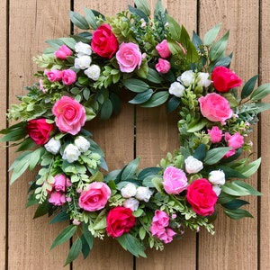 Spring/ Summer Pink Rose and Eucalyptus Wreath for Front Door, Romantic, Valentines Day Floral Wreath, Mother's Day Gift, Easter, Cottage image 1