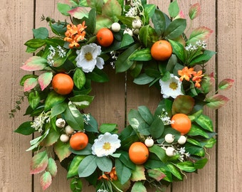 Orange Wreath with White Flower and Berry, Summer Wreath with Oranges for Front Door, Citrus Wreath, Kitchen Wall Decor, Fall Fruit Wreath