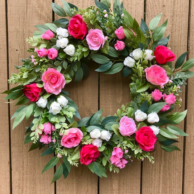 Spring/ Summer Pink Rose and Eucalyptus Wreath for Front Door, Romantic, Valentines Day Floral Wreath, Mother's Day Gift, Easter, Cottage image 2