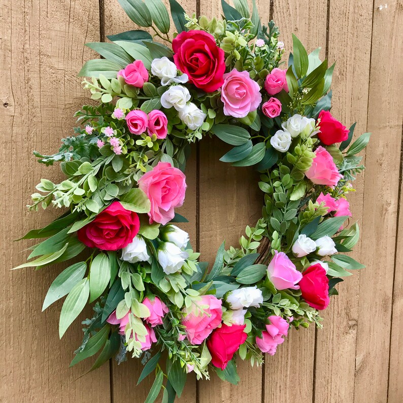 Spring/ Summer Pink Rose and Eucalyptus Wreath for Front Door, Romantic, Valentines Day Floral Wreath, Mother's Day Gift, Easter, Cottage image 3