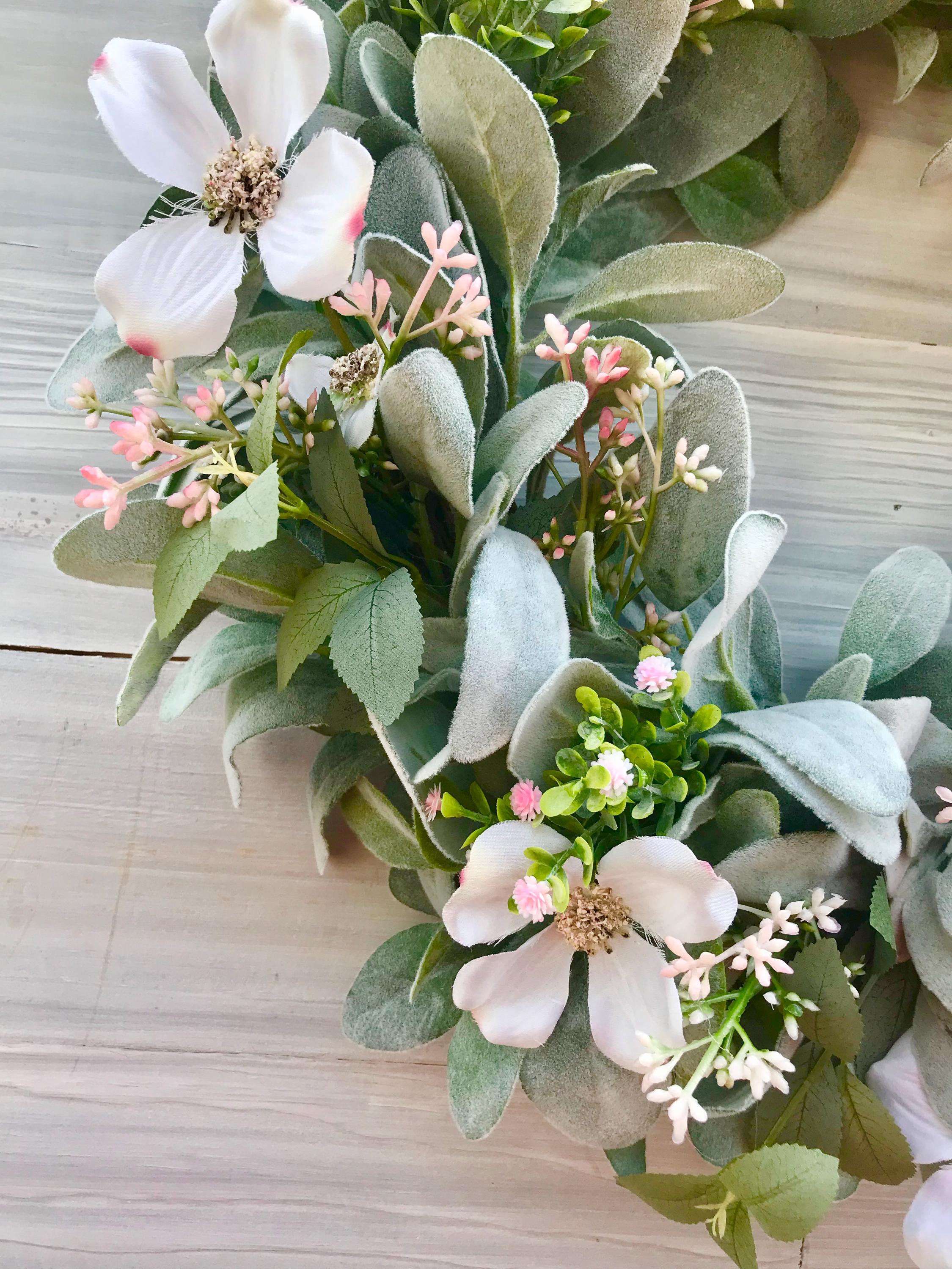 Spring and Summer Lamb's Ear and White Blossoms Wreath for Front Door ...