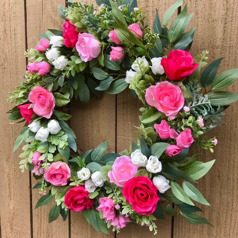 Spring/ Summer Pink Rose and Eucalyptus Wreath for Front Door, Romantic, Valentines Day Floral Wreath, Mother's Day Gift, Easter, Cottage image 4